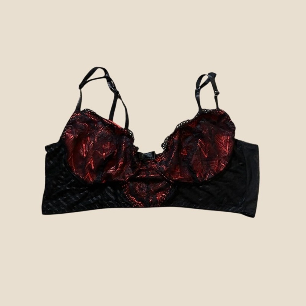 Red and Black Lace Longline Bralette Sheer Mesh Adjustable Straps Size 3XL